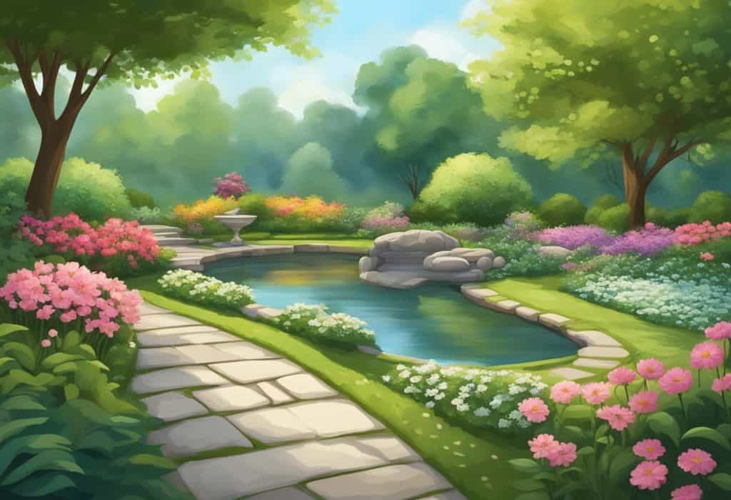 A serene garden with a stone path leading to a tranquil pond surrounded by lush greenery and blooming flowers, with a sense of calm and focus in the air