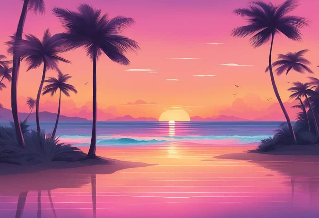 A serene beach at sunset, with palm trees swaying in the breeze and the ocean reflecting the pink and orange hues of the sky