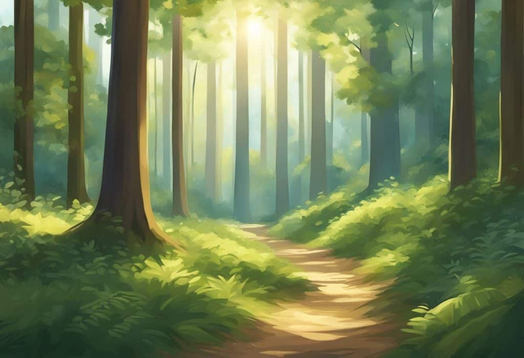 A serene forest clearing with a peaceful atmosphere, surrounded by tall trees and dappled sunlight filtering through the leaves