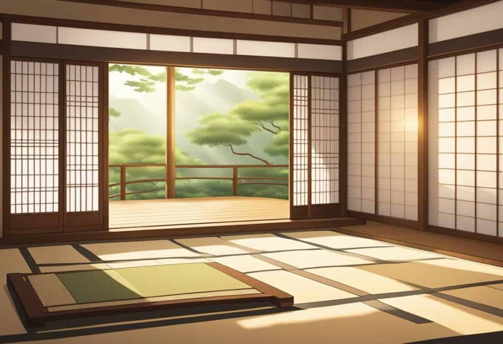 A wooden keisaku rests on a tatami mat, sunlight filtering through shoji screens in a serene Japanese meditation room