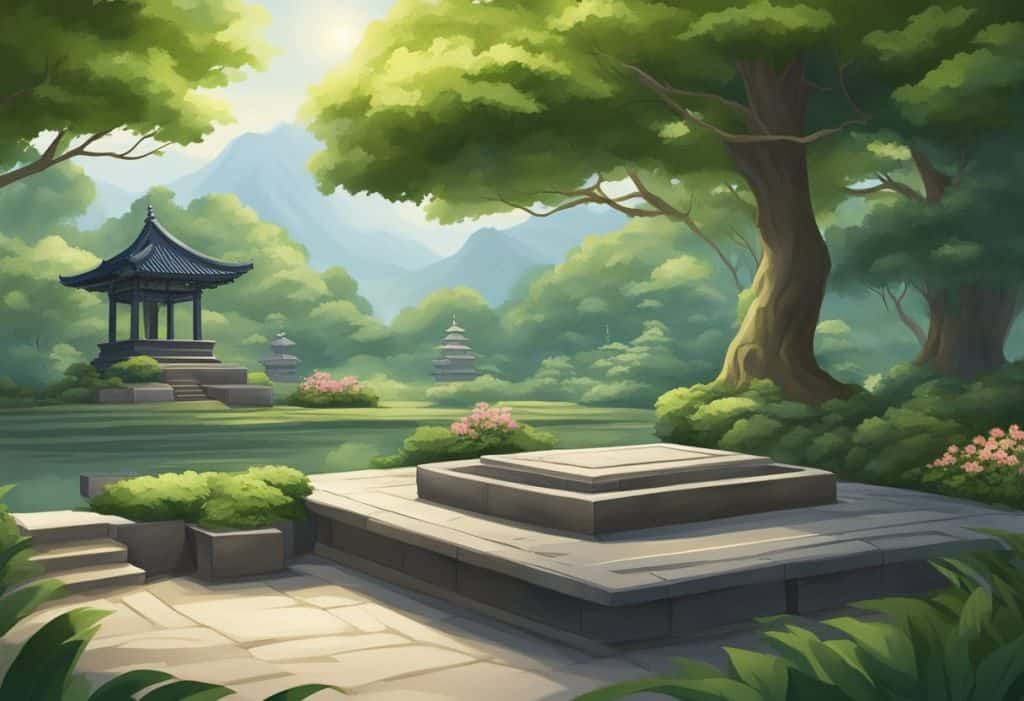 A serene temple garden with a wooden keisaku resting on a stone pedestal, surrounded by lush greenery and a tranquil atmosphere