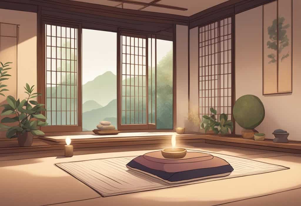 A serene meditation room with a keisaku resting on a cushion, surrounded by incense and soft lighting