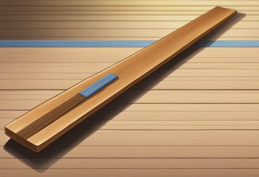 A keisaku keisaku, a flat wooden stick, lies on a tatami mat. Its smooth surface and sharp edges convey a sense of discipline and focus