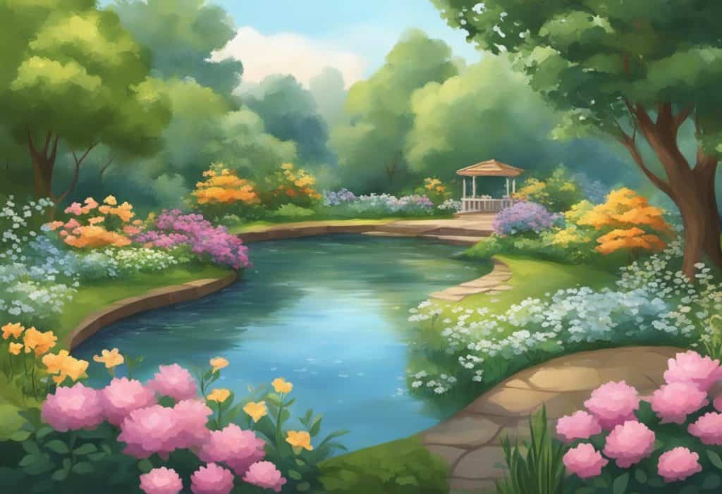 A serene garden with blooming flowers and a tranquil pond, surrounded by lush greenery and gently swaying trees