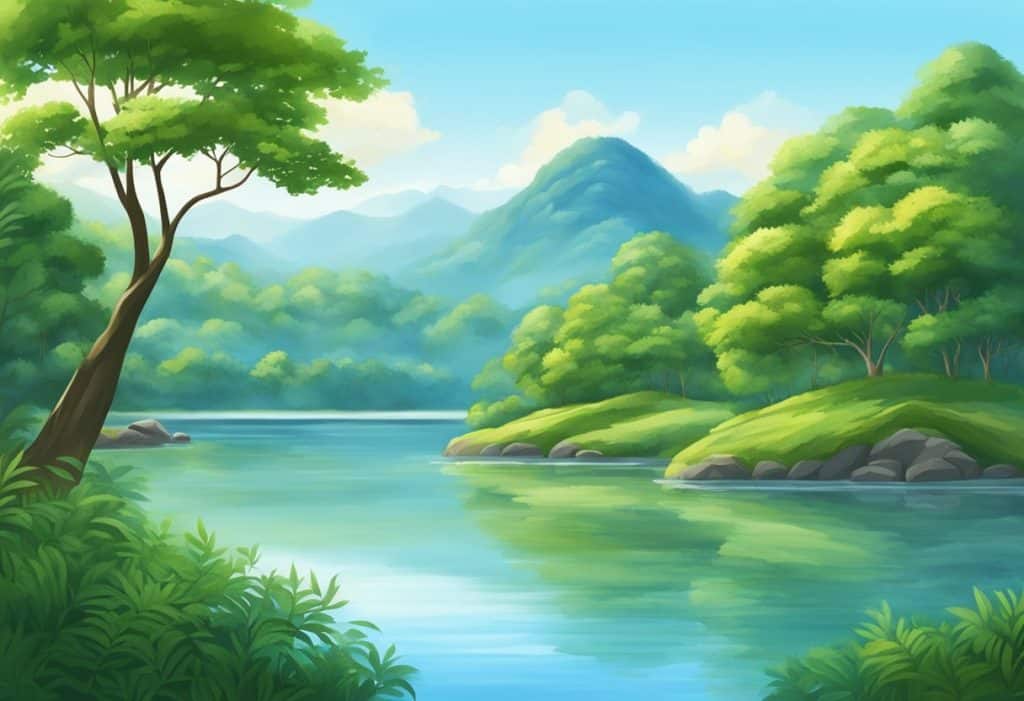 A serene landscape with a clear blue sky, a tranquil body of water, and lush greenery, representing the concept of Akasanancayatana in Buddhism