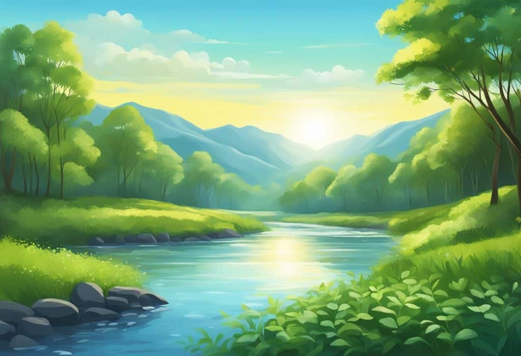 A serene landscape with a serene river flowing through lush greenery, with a clear blue sky and a radiant sun shining down