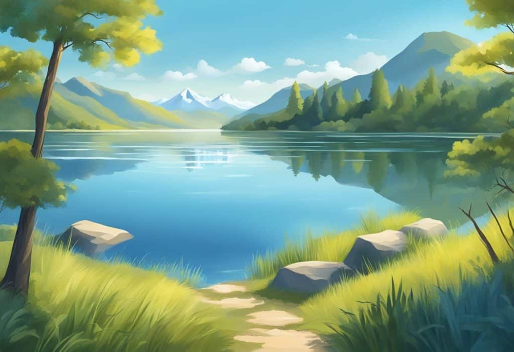 A serene landscape with a tranquil lake reflecting the surrounding mountains under a clear blue sky