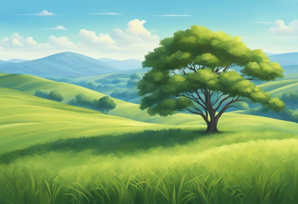 A lone tree stands in a serene meadow, surrounded by gentle rolling hills and a clear blue sky