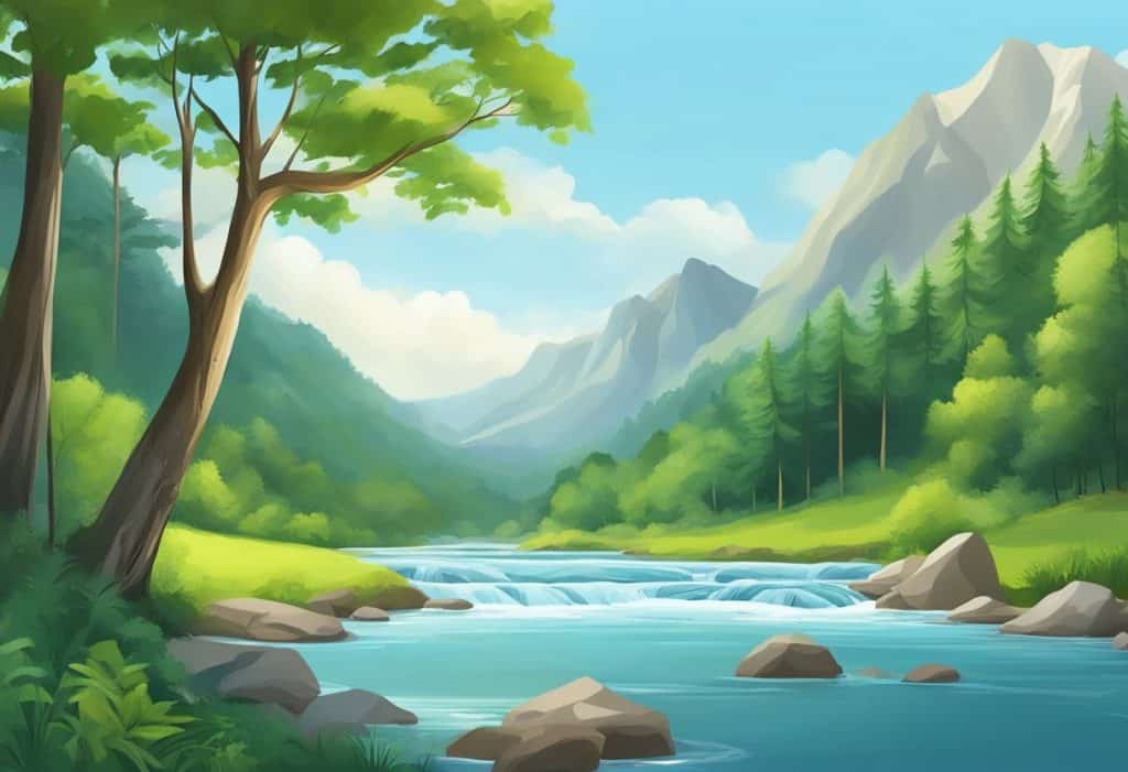 A serene landscape with a tranquil river flowing through a lush forest, surrounded by mountains under a clear blue sky