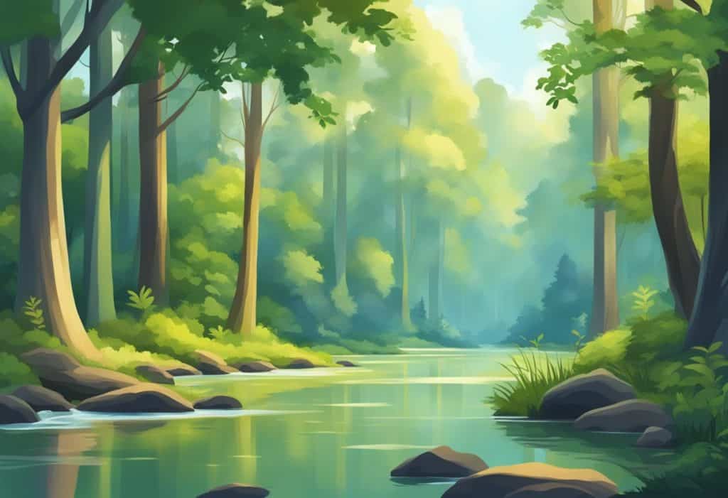 A serene forest with a calm river flowing through, surrounded by tall trees and various plants, with a sense of tranquility and peace