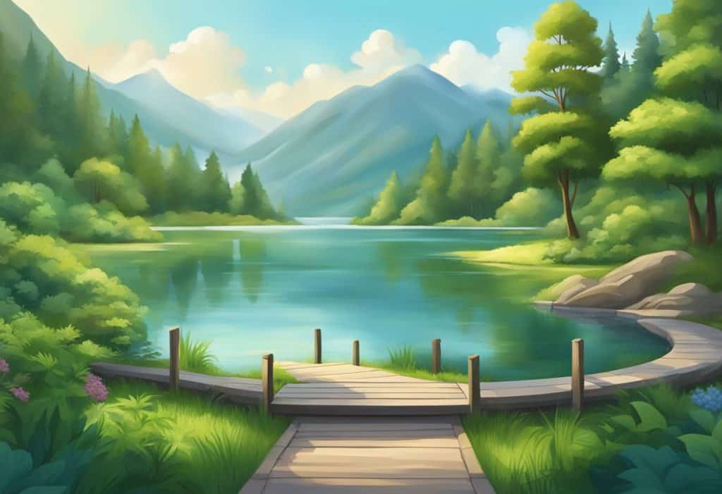 A serene lake surrounded by lush green mountains, with a peaceful meditation area nestled among the trees