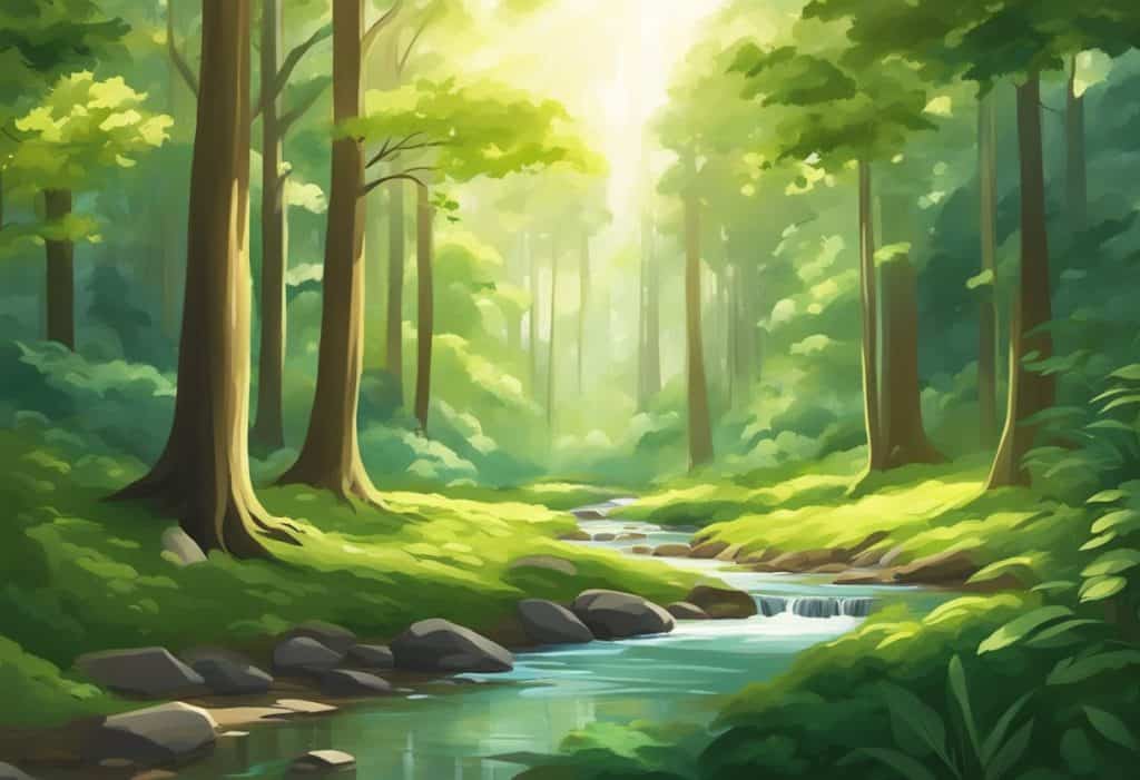 A serene forest clearing with a small stream, surrounded by tall trees and lush greenery, with sunlight filtering through the leaves