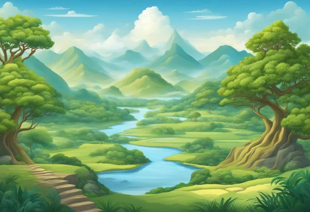 A serene landscape with four distinct realms interconnected, illustrating the concept of Catudhatu-Vavatthana in Buddhism