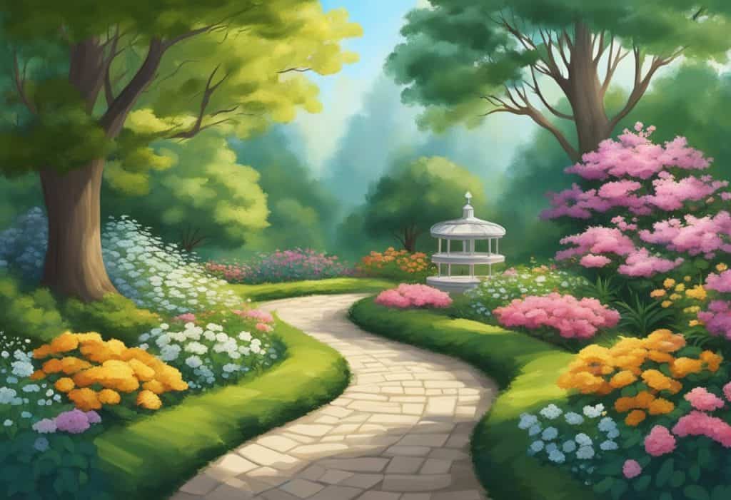 A serene garden with a winding path, surrounded by towering trees and blooming flowers, symbolizing spiritual growth and the overcoming of obstacles
