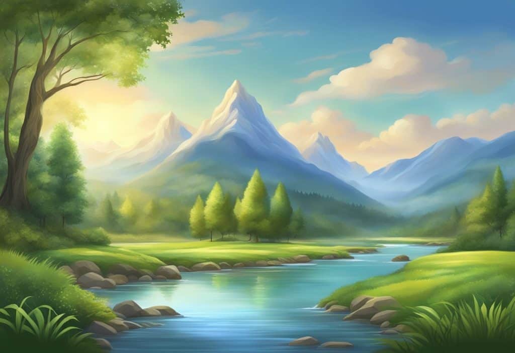A serene landscape with flowing rivers, lush forests, and tranquil mountains, evoking a sense of peace and harmony