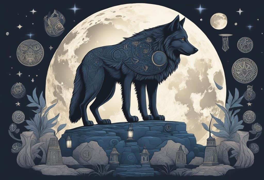A lone wolf howls under a full moon, surrounded by ancient symbols and mystical artifacts, searching for its true identity