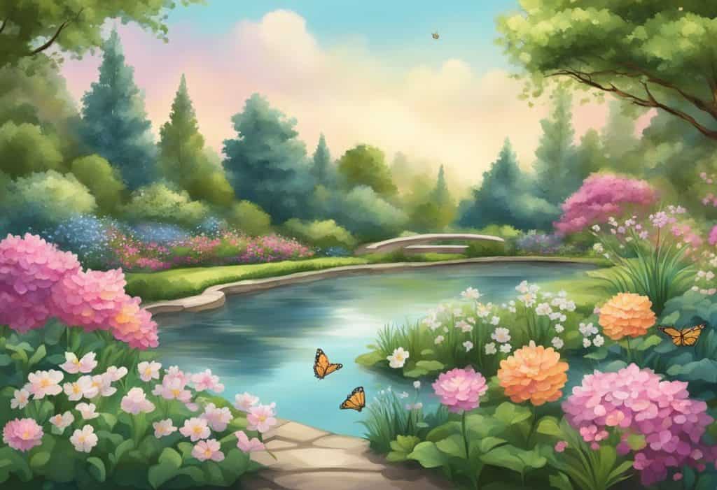 A serene garden with blooming flowers, a tranquil pond, and fluttering butterflies