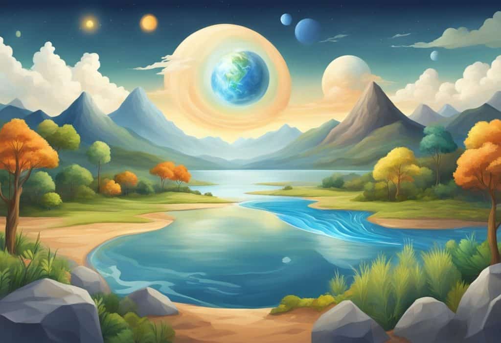 A serene landscape with five distinct elements: earth, water, fire, air, and space, each represented by their natural forms