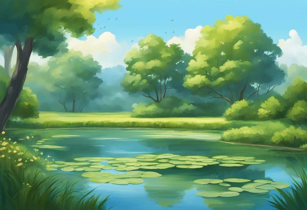 A serene landscape with a tranquil pond surrounded by lush greenery, reflecting the clear blue sky. A sense of peace and stillness permeates the scene, evoking the practice of meditation and understanding