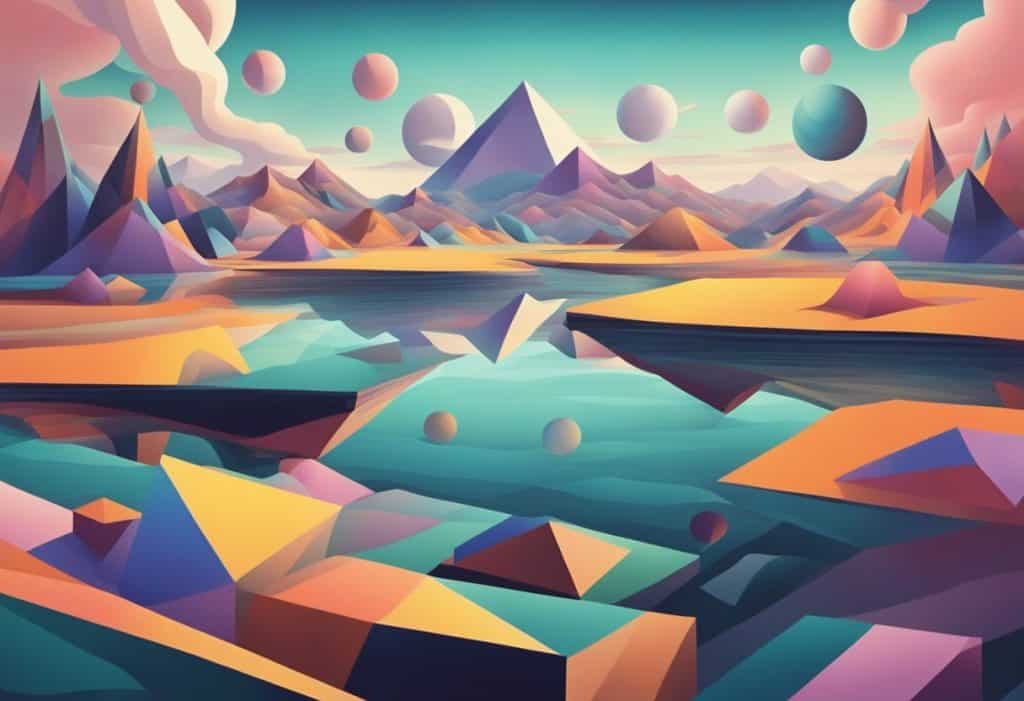 A surreal landscape with floating geometric shapes and distorted perspectives, evoking a sense of psychological and philosophical impact