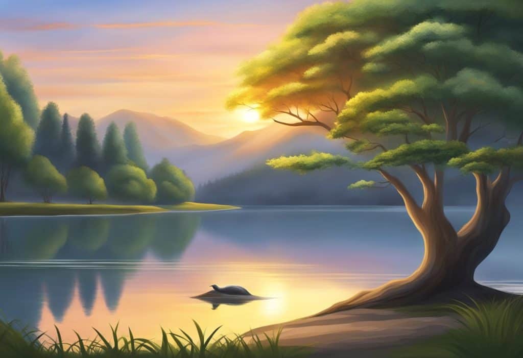 A serene landscape with a vibrant sunrise, a tranquil lake, and a solitary tree symbolizing spiritual practices and jagrat liberation