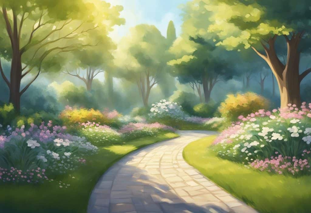 A serene garden with blooming flowers and a gentle breeze, sunlight filtering through the trees, creating dappled patterns on the ground
