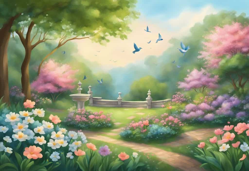 A serene garden with blooming flowers, a gentle breeze, and birds singing in the background, evoking feelings of loving-kindness and compassion