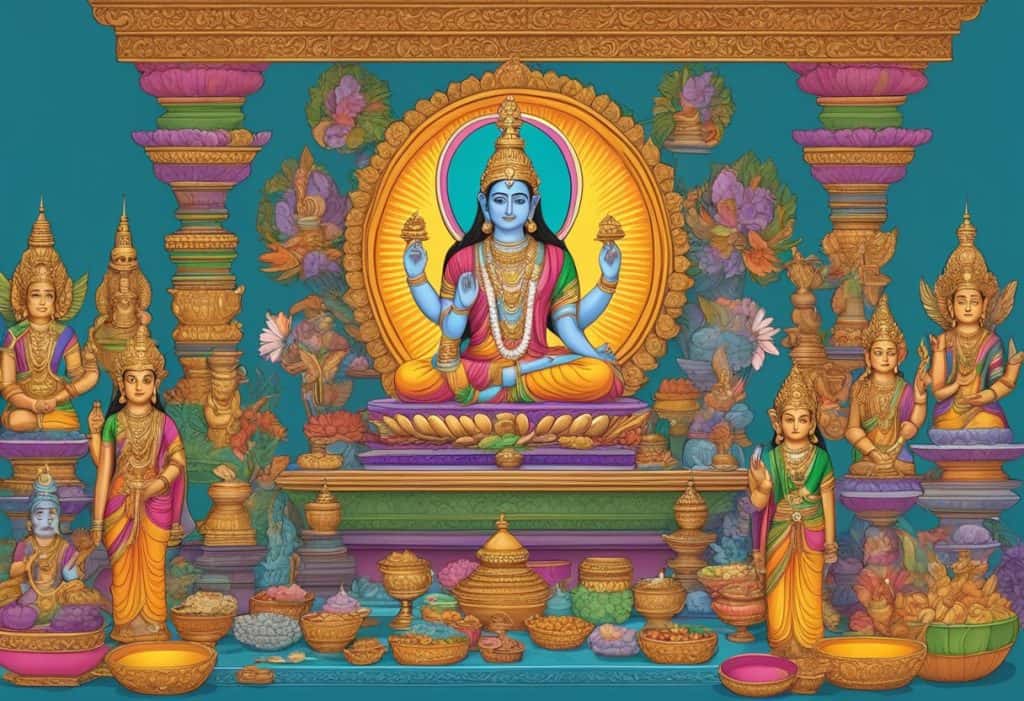 A colorful altar with offerings, incense, and statues of Hindu deities