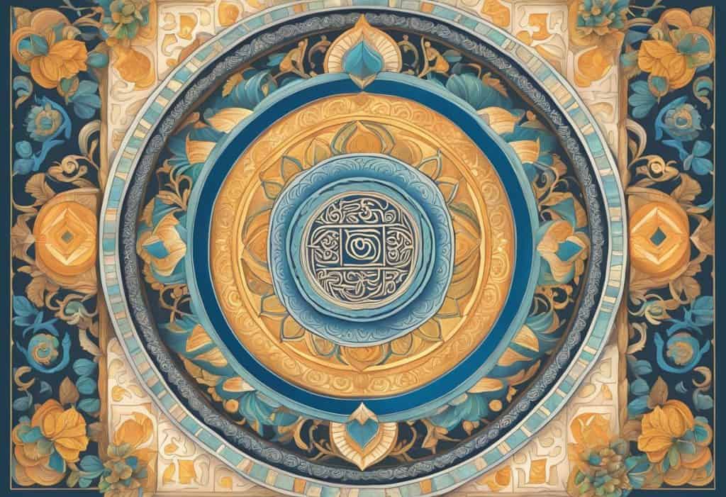 The scene depicts symbols of Hinduism, such as the lotus flower, om symbol, and sacred texts, surrounded by traditional Guna patterns and designs