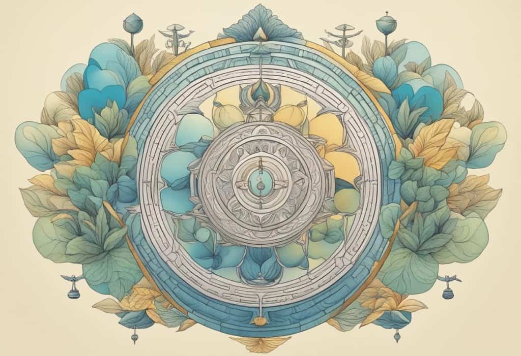 The influence of the Gunas on human life and behavior is depicted through symbols of balance, action, and inertia in a serene natural setting