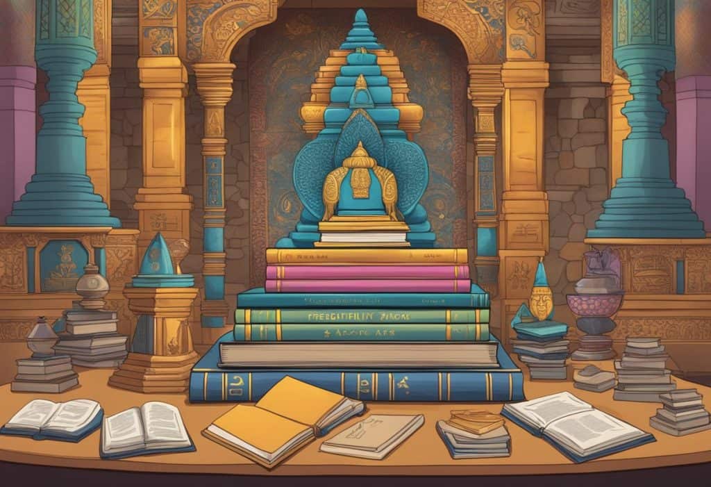 A stack of books labeled "Frequently Asked Questions" on a temple altar, surrounded by Hindu symbols and offerings
