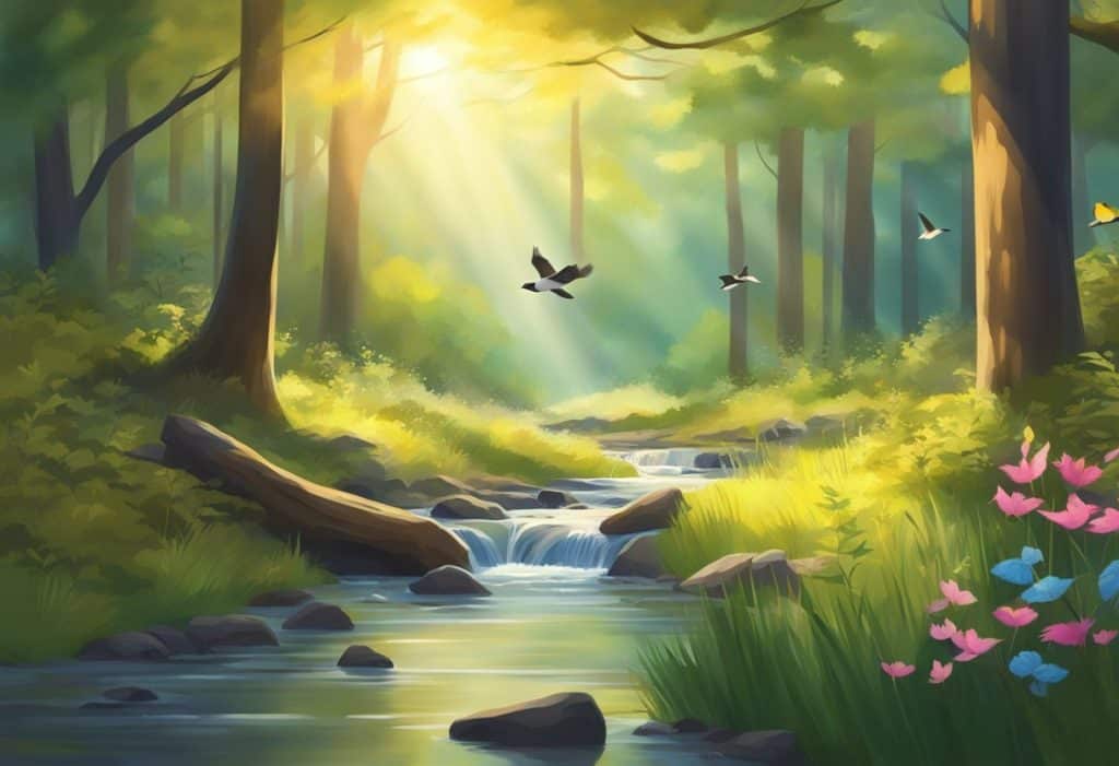 A serene forest clearing with a gentle stream, sunlight filtering through the trees, and colorful birds fluttering around