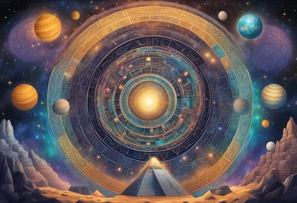 The vast universe surrounded by intricate Mayan illusions