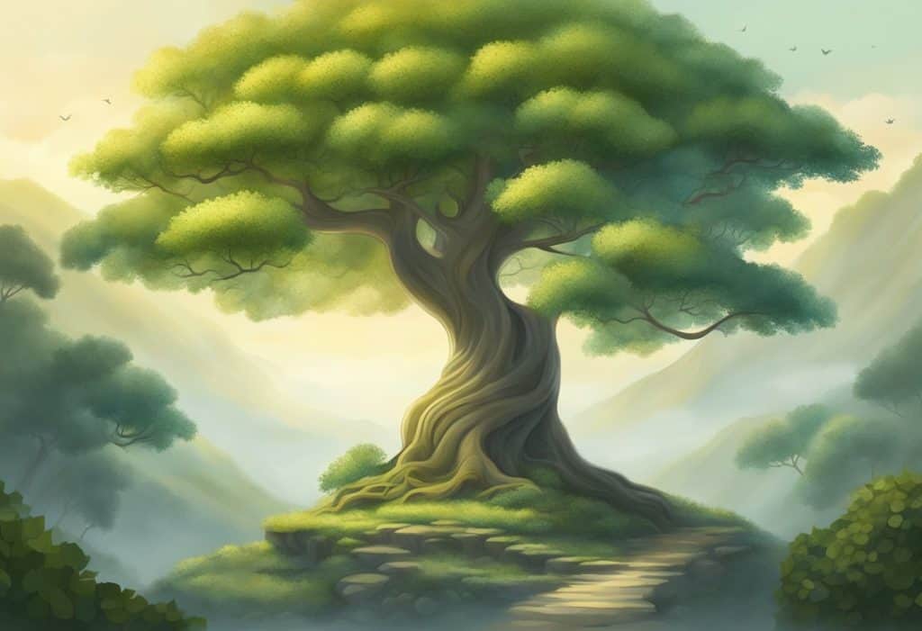 A serene landscape with a Bodhi tree, symbolizing the origins of Buddhist philosophy. The tree stands tall, with its broad leaves fluttering in the gentle breeze