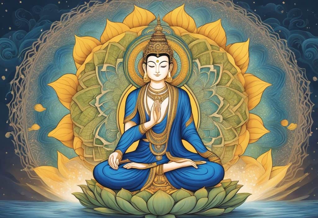 Buddhi, the higher intellect, sits atop a lotus flower, radiating wisdom and clarity. Surrounding it are swirling patterns representing the mind's activity