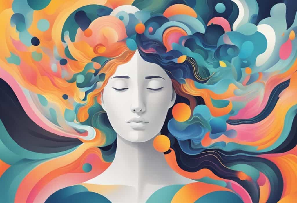 A serene mind surrounded by abstract shapes and vibrant colors, symbolizing the depth of psychological aspects