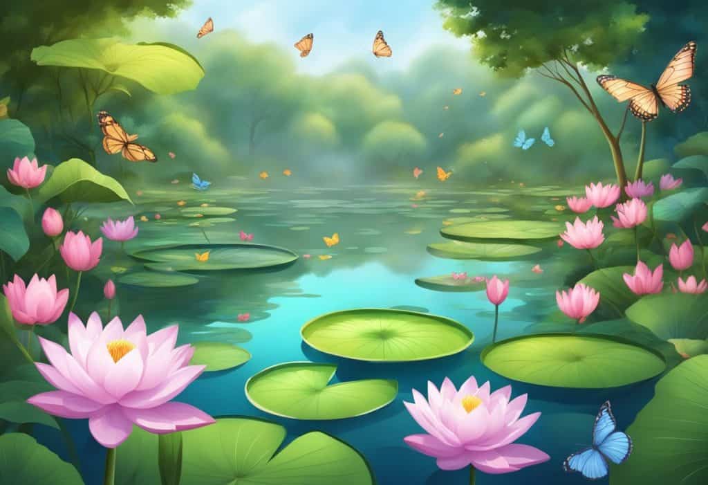 A serene garden with blooming lotus flowers and a tranquil pond, surrounded by lush greenery and colorful butterflies fluttering around
