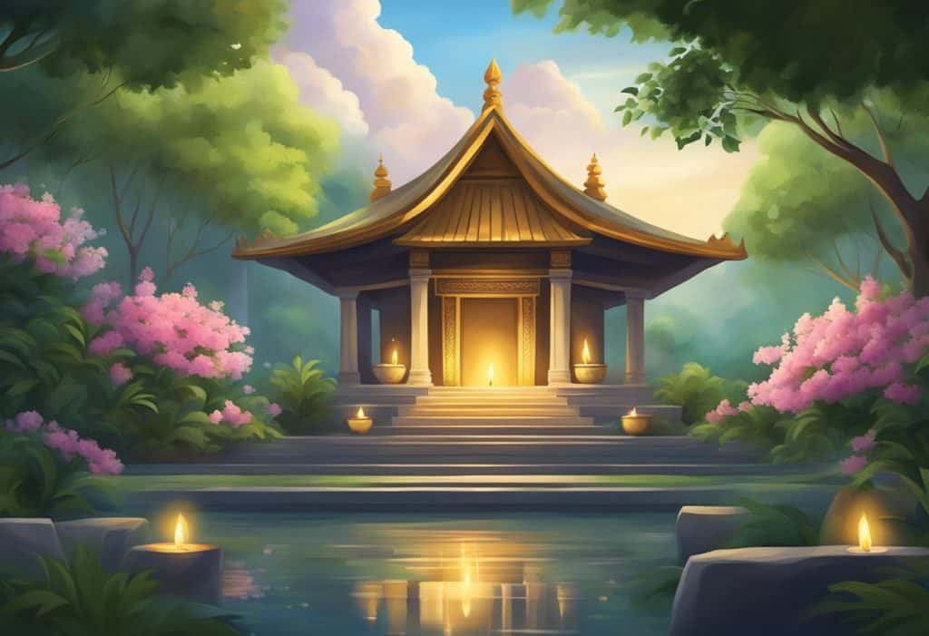 A serene temple with incense, flowers, and flickering candles, surrounded by lush greenery and a peaceful atmosphere