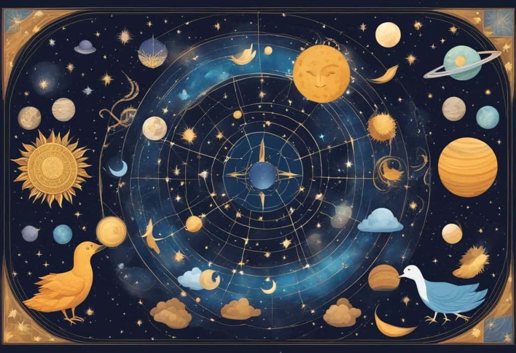 A night sky filled with constellations, zodiac symbols, and celestial bodies, surrounded by traditional cultural elements of Bhava Bhava