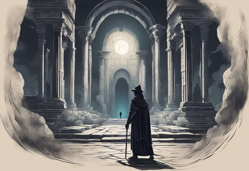 A dark figure holds a flame, casting eerie shadows on ancient ruins and mystical symbols. The atmosphere is mysterious and foreboding