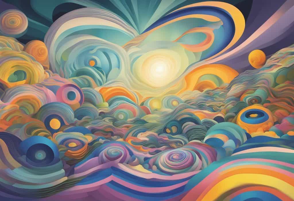 Maya's impact on human consciousness: surreal illusions, swirling colors, and distorted perspectives