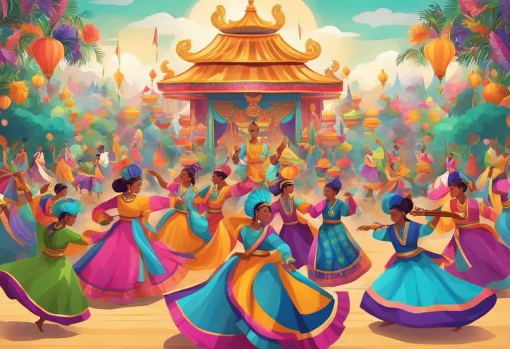 A colorful festival with dancers, musicians, and vibrant costumes, surrounded by ornate decorations and traditional symbols