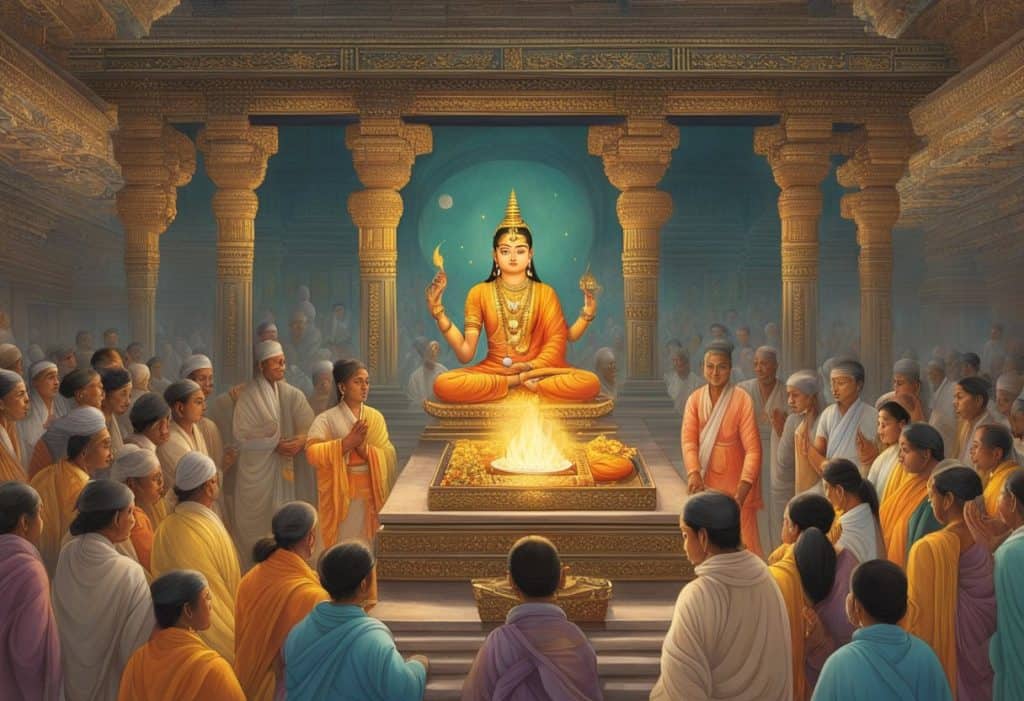 Bhasmasura stands in a temple, surrounded by worshippers, holding a sacred flame