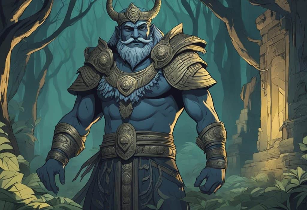 Bhasmasura stands in a dark, mystical forest, surrounded by ancient ruins and eerie shadows. A sinister smile spreads across his face as he holds a hand to his head, invoking his deadly power