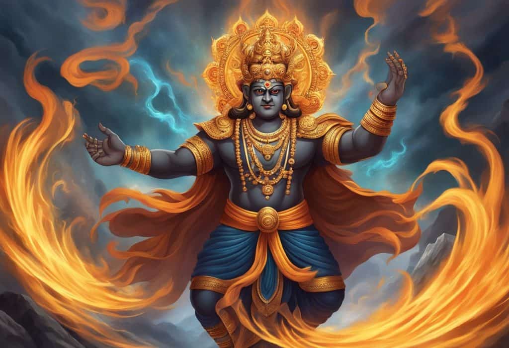 A fierce Bhairava emerges from a fiery vortex, surrounded by swirling energy and ancient symbols