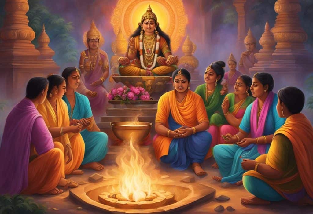 A group of devotees gather around a sacred fire, offering flowers and incense to the deity Bhairava in a vibrant and lively religious ceremony