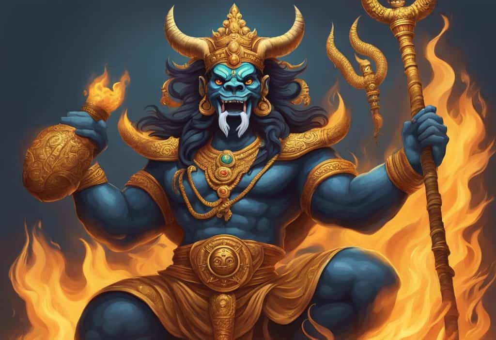 A fierce Bhairava statue stands amidst flames, holding a trident and skull cup, with a snake coiled around his neck