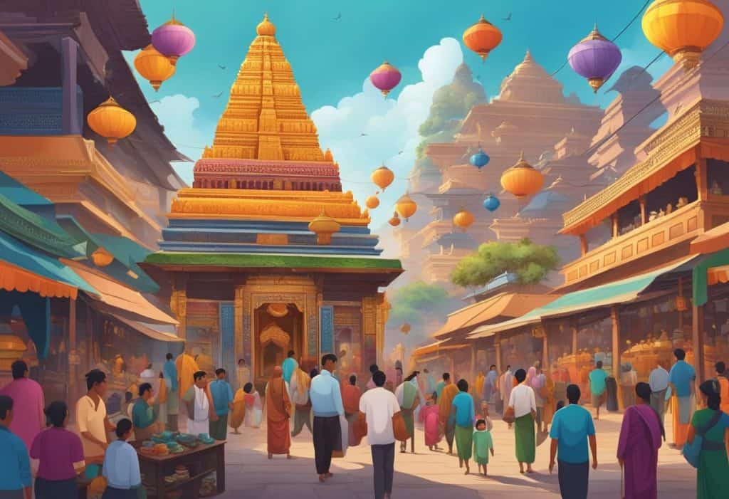 A vibrant marketplace filled with diverse cultural symbols and products, with the Bhairava temple towering in the background