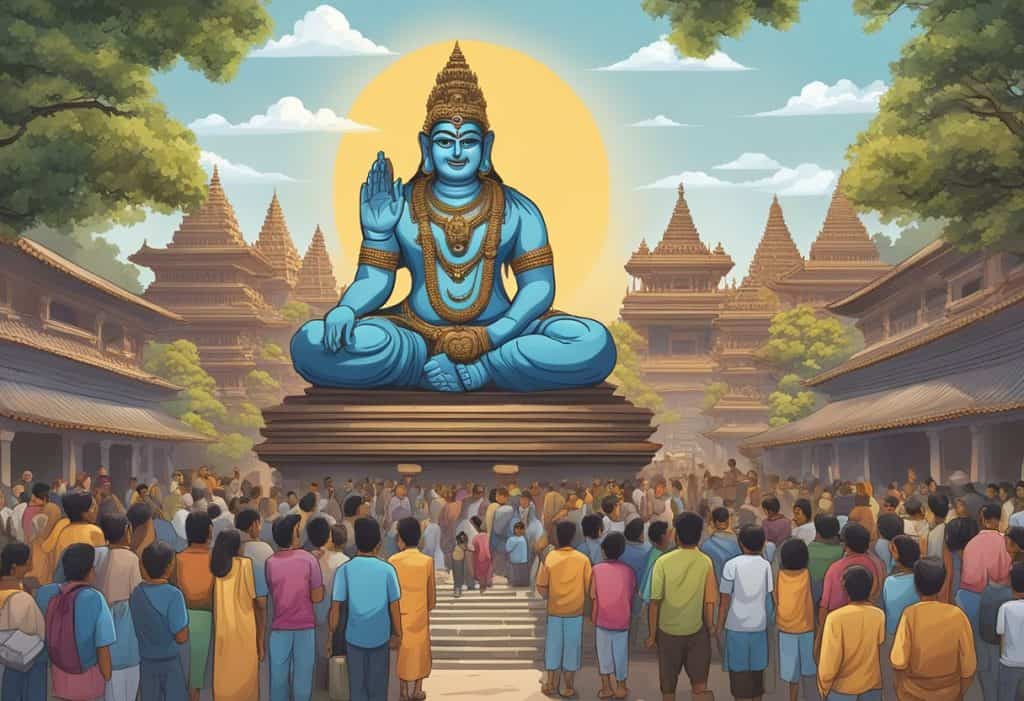 Bhairava statue surrounded by people, with a sign "Frequently Asked Questions Bhairava" displayed prominently