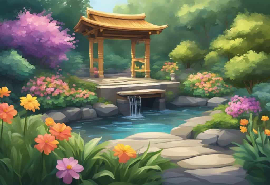 A serene garden with a flowing stream, surrounded by lush greenery and colorful flowers. A small shrine sits in the center, with incense burning and the sound of soft chanting in the air